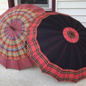 2 Vintage Umbrellas Plaid Faux Tortoise Lucite Parasols